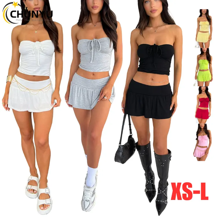 Conjuntos de falda de 2 piezas Sexy de verano para mujer, conjuntos de minifaldas de cintura baja sin tirantes de Color sólido sin mangas para mujer