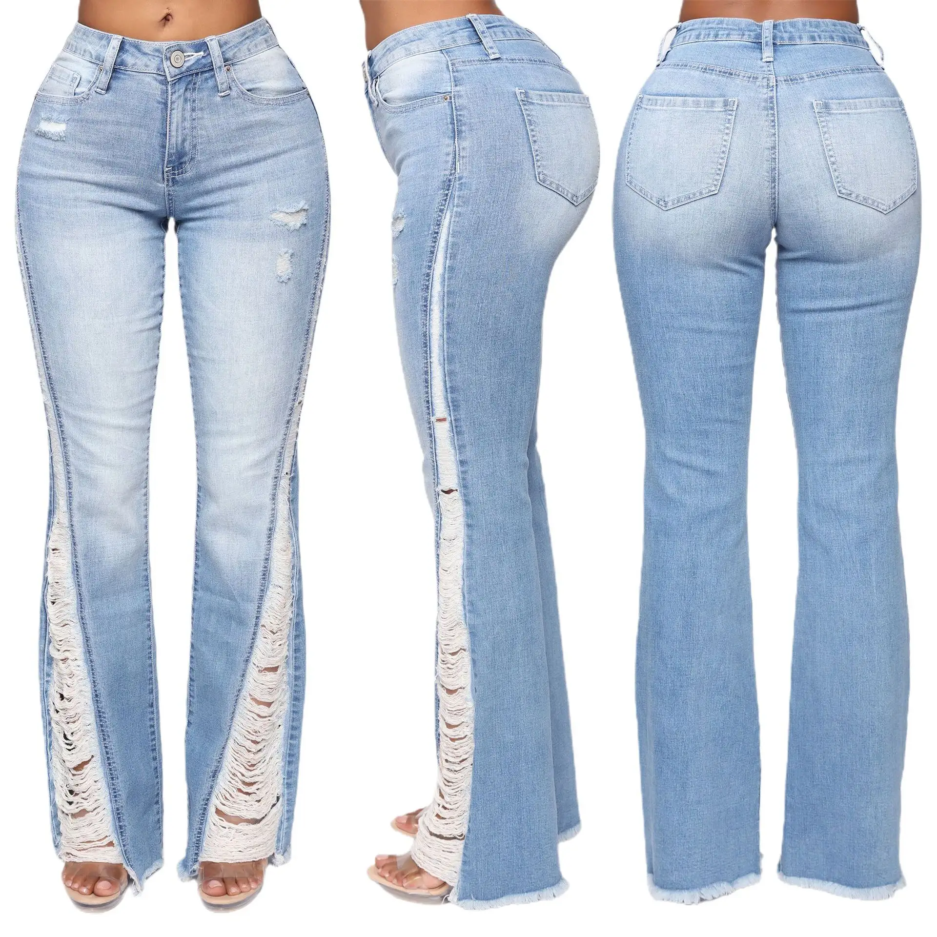 Calças jeans rasgadas para mulheres, calças casuais com base em calças jeans, calças plus size azul claro, novidade em 2024, oferta quente para venda
