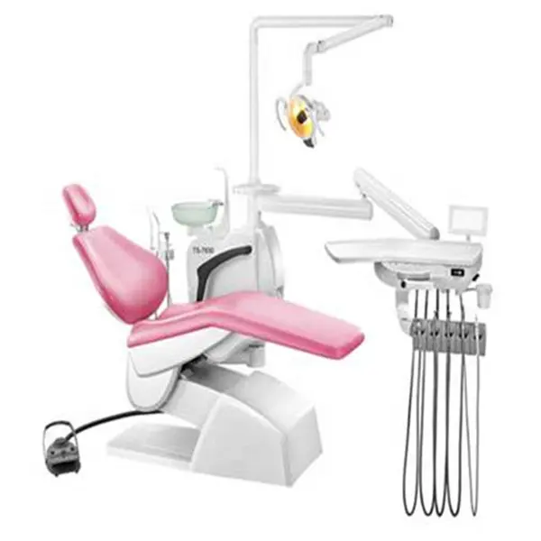 Unidade de cadeira dentária da cor rosa com spitton rotativo e bandeja montada para baixo