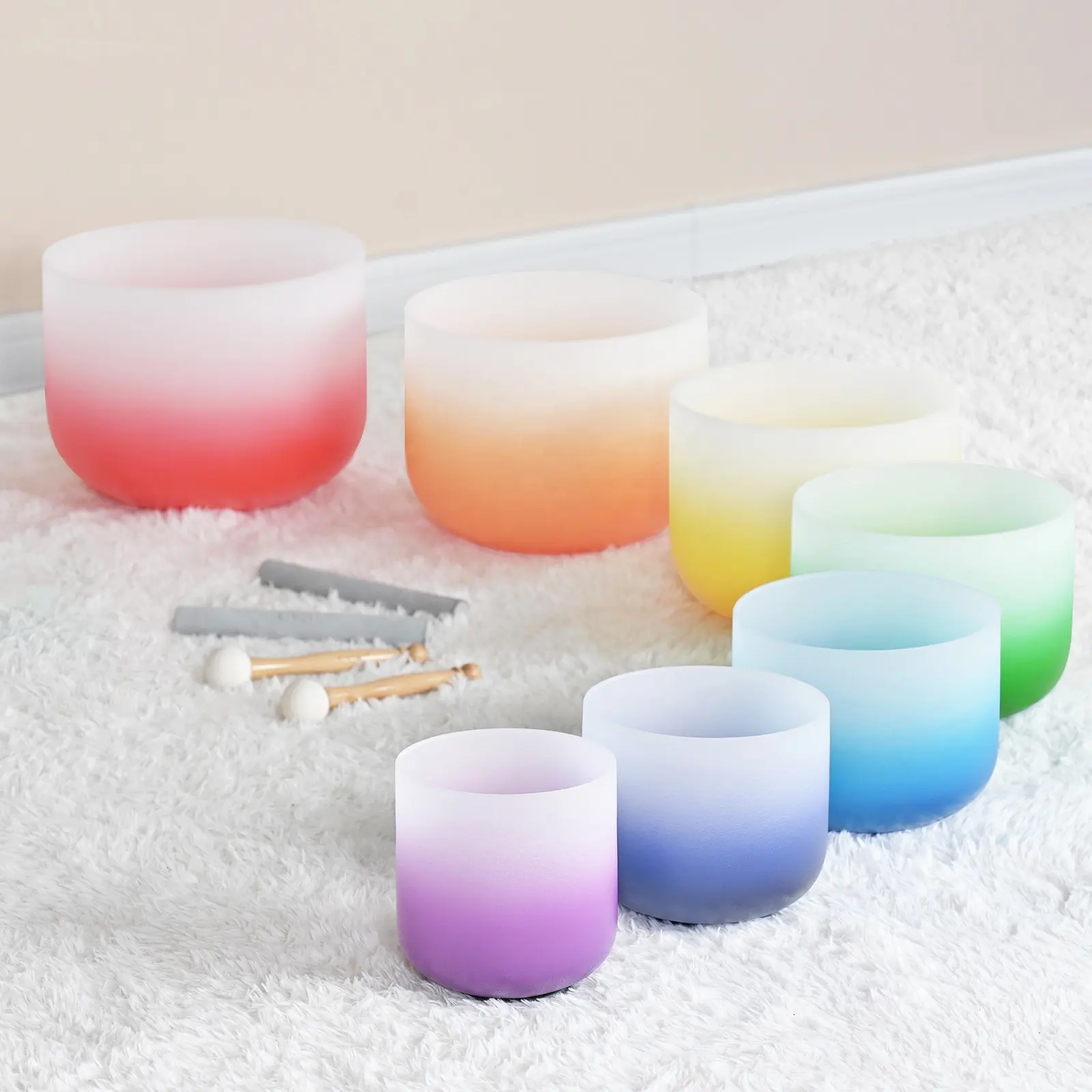 SUCCESS Wholesale Aria Gradient Colored Chakra Crystal Singing Bowl Frosted Crystal Singing Bowl Set