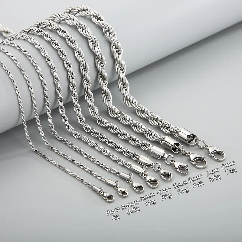 In Stock Silver Color Plated Twisted Rope Chain Necklace 316L Stainless Steel Chain Choker Necklace Men Women 2-8mm Twist Chains