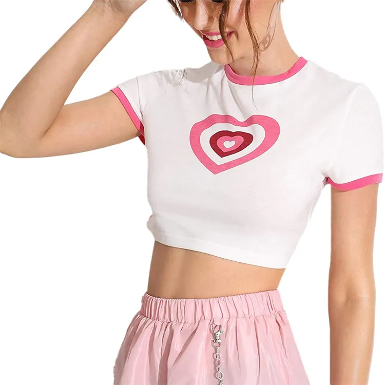 Camiseta estampada con pantalla de 120GSM para mujer, Camiseta 100% de algodón, Top corto blanco para mujer