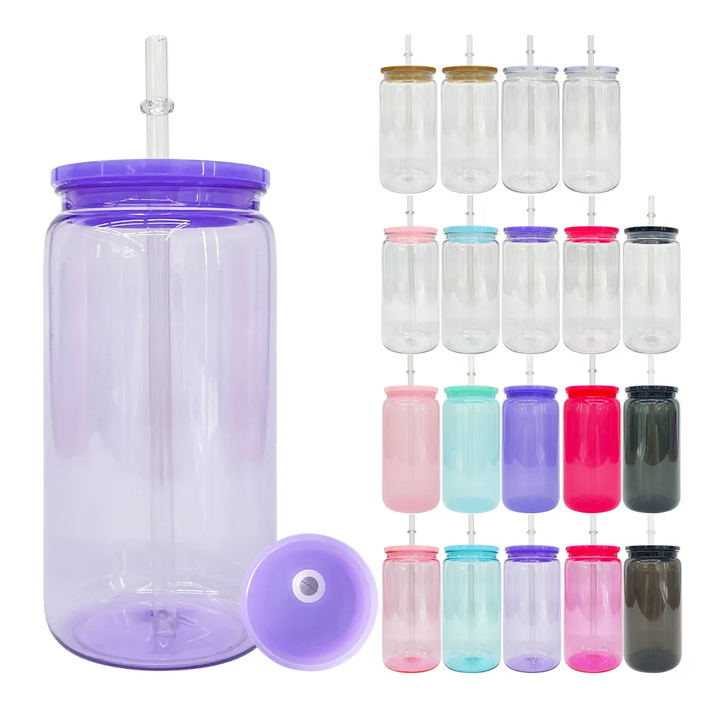 Recycling-Dose-Geschirr kaltgetränk Acryl 16 Unzen Makron farbige Kunststoffdose mit farbigen pp-Deckeln für UV-DTF-Frappen