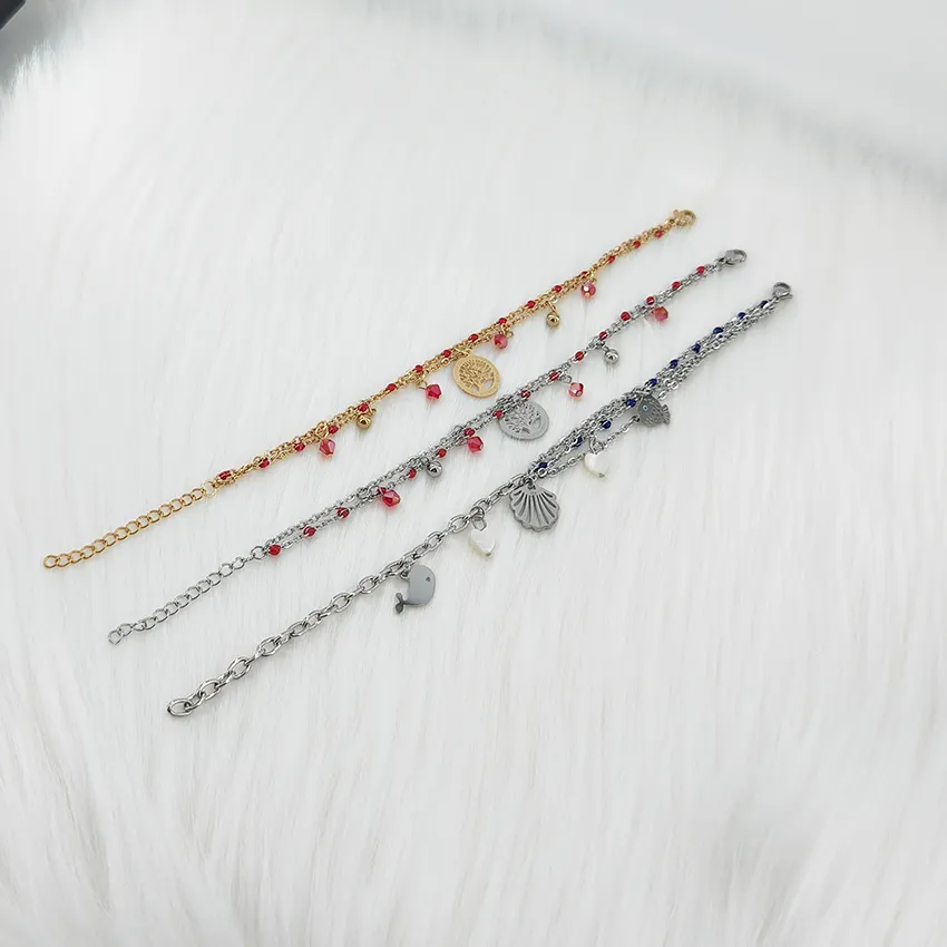 Exquisita cadena colgante de cadena con cuentas de cristal rojo a la moda, pulsera doble, joyería, el mejor regalo para niña, pulsera de árbol de la vida