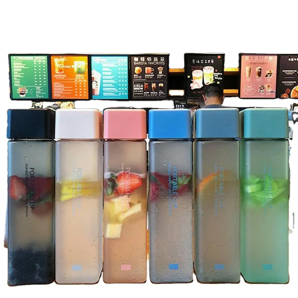 New Square Frosted Plastic Water bottle Portable Transparent Fruit Juice Leak-proof Outdoor Sport Travel Camping Bottle