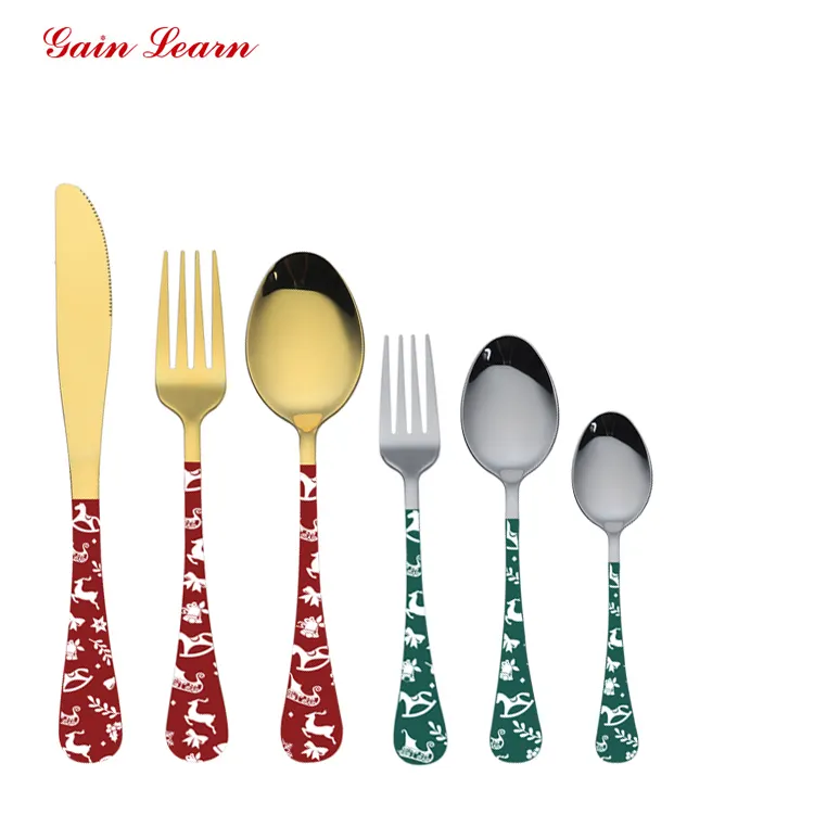 Gain Learn Réutilisable Logo Personnalisé Multi Couleur Manche Cuillère Or Cuillères Fourchette Couteau Set Couverts de Noël