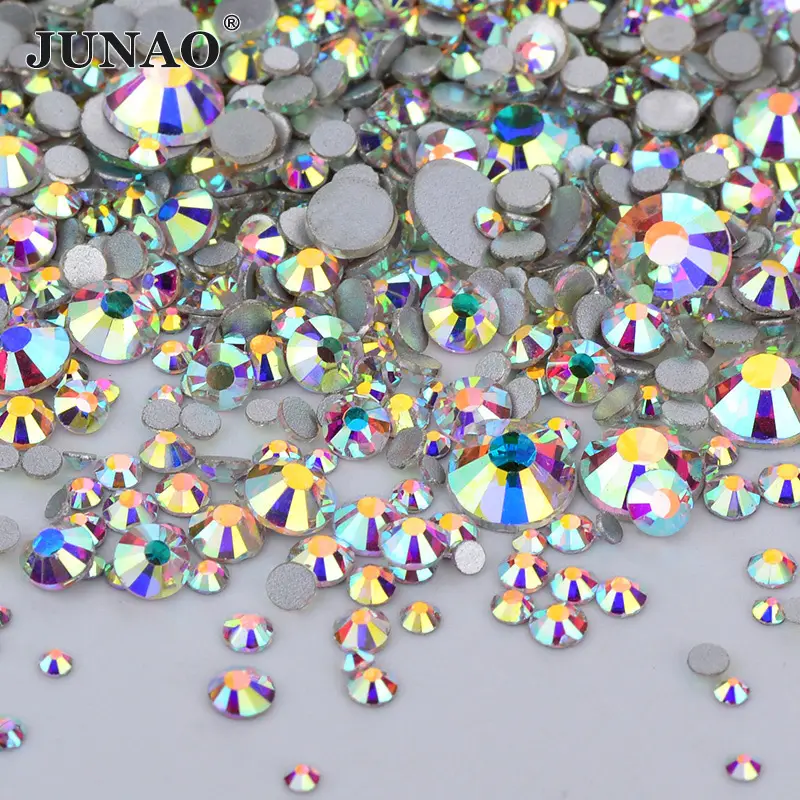 JUNAO, venta al por mayor, 40 colores, piedras de cristal redondas de Strass sin adhesivo, diamantes de imitación de Cristal AB de tamaño variado