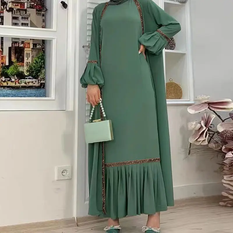 Neueste Abaya Designs Dubai Islamic Modest Muslim Frauen Shinny Open Abaya Mit Inner Slip Dress Set