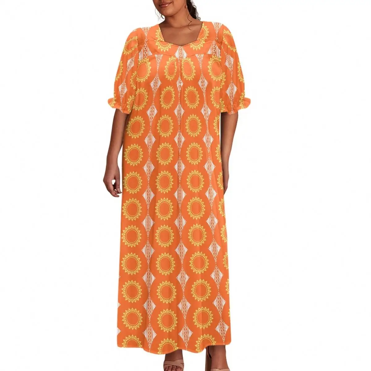 فستان بولينيزي مخصص ، فساتين طويلة بياقة مربعة وأكمام من الكشكشة والقبيلة المطبوعة من Samoan للنساء ، تنورات الأمومة