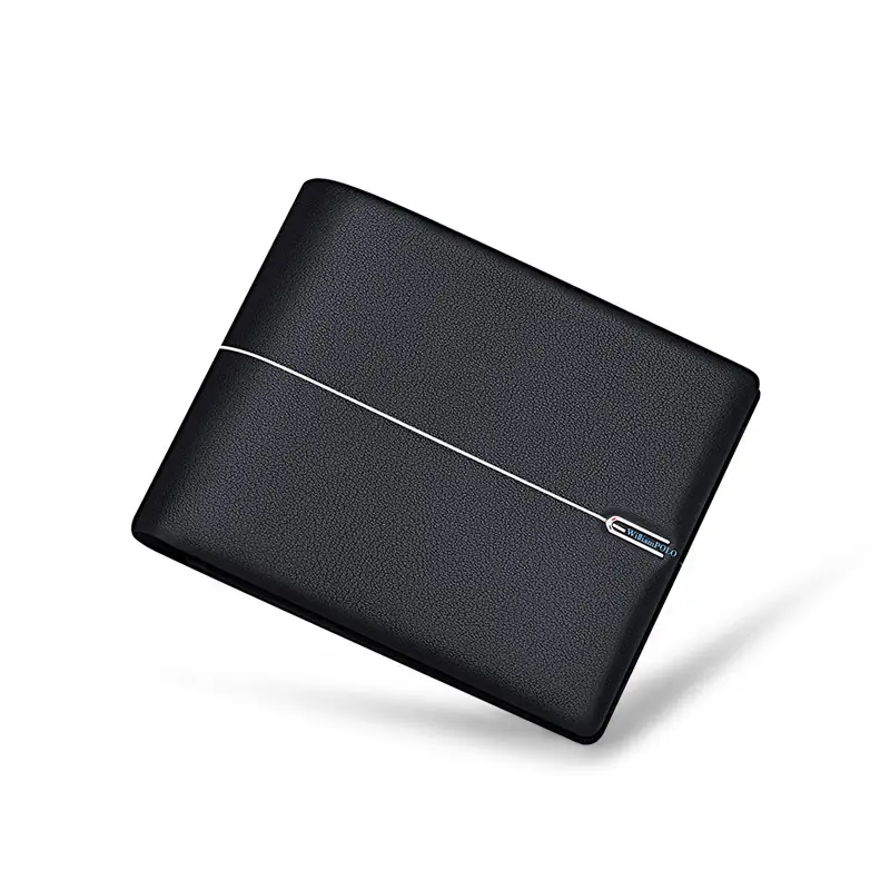 محفظة للرجال من WilliamPOLO من الجلد باللون الأسود بتصميم رفيع الحجم وبها إشارة RFID محفظة قصيرة مزودة بقفل وتصميم شعار فاخر
