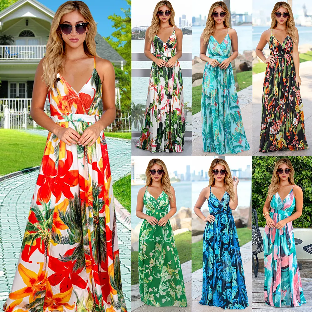 Moda Linda Custom all'ingrosso vestito da donna stampa floreale Casual prendisole da donna larghi abiti lunghi Maxi abito da spiaggia per donna