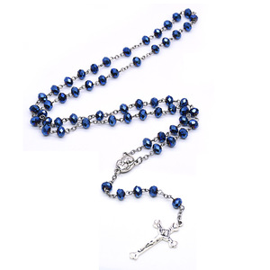 Kalung tasbih rosario, manik-manik kristal biru metalik dengan medali Tanah Suci dan Rosario salib Yesus - Product Image 2