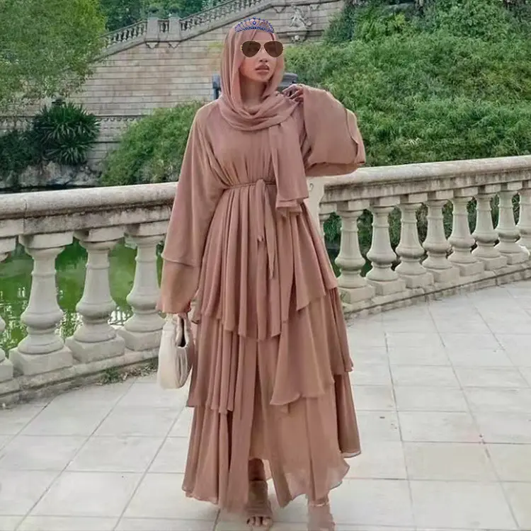 Nieuwe Aankomst Effen Kleur Abaya Dubai Mode Vrouwen Moslim Vest 3 Laag Chiffon Islamitische Kleding