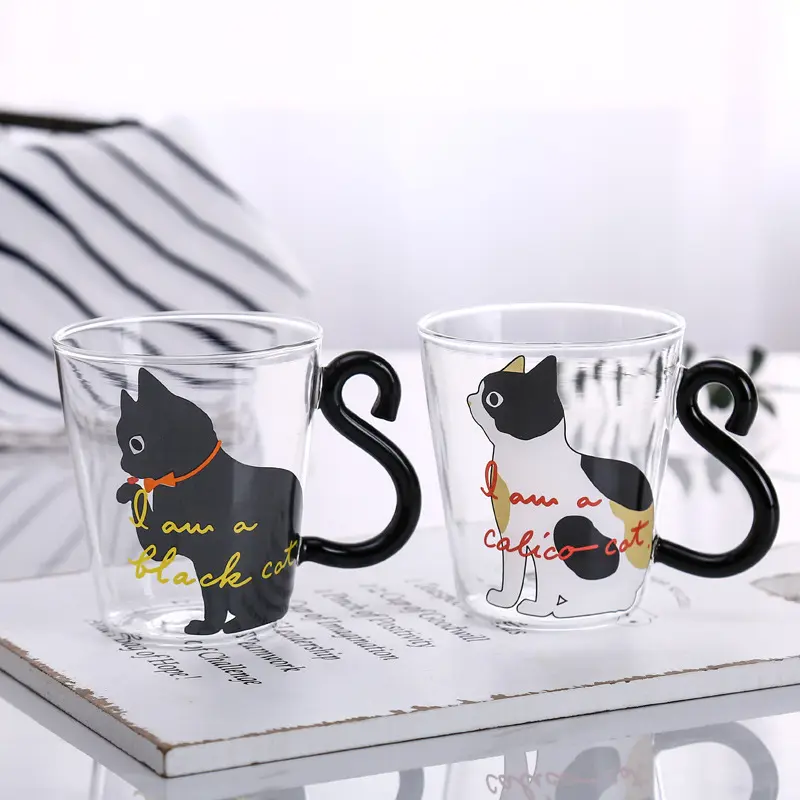 Custom Cat Mugs Special Design Dessert Couple Cup Cat Mugs Glass Lucky Printing Creative Borosilicate Glass Cup Cat Mug