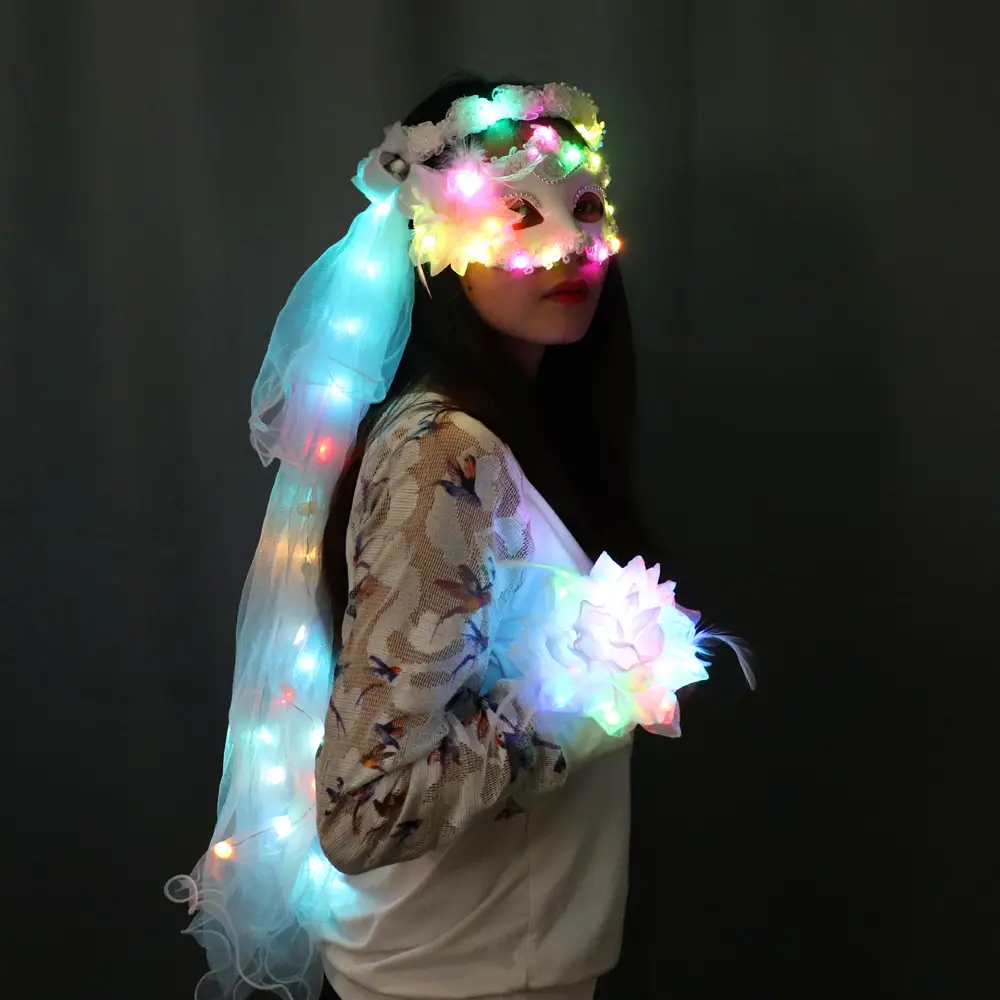 Véu de flores colorido com LEDs para festas e festivais, equipamento de semeadura eletrônico, para performance em palco, ornamentos de cabelo de princesa
