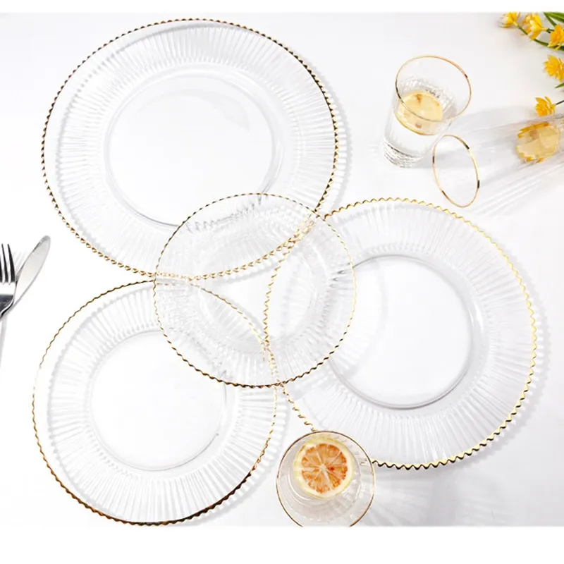 Большие запасы, столовые тарелки для ресторанов и отелей с золотым ободком, свадебные стеклянные тарелки, набор посуды