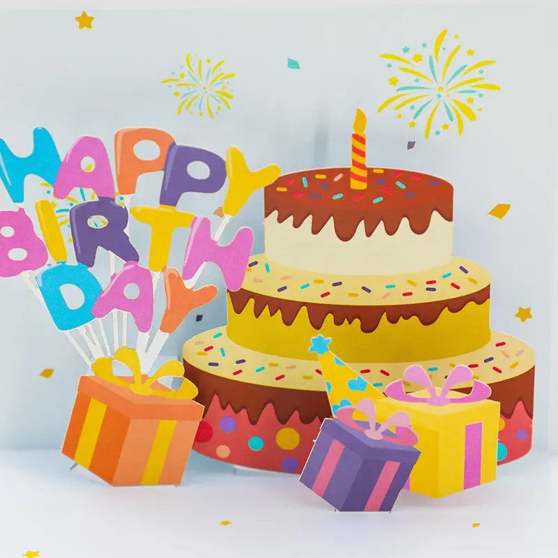 Cartoline d'auguri colorate Creative all'ingrosso di compleanno di Pop-Up del fumetto 3D della torta rossa con la busta