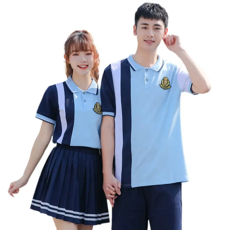 Venta al por mayor de colores a juego de verano de manga corta Polo camiseta Falda plisada conjunto de 2 piezas de uniformes escolares para estudiantes de secundaria