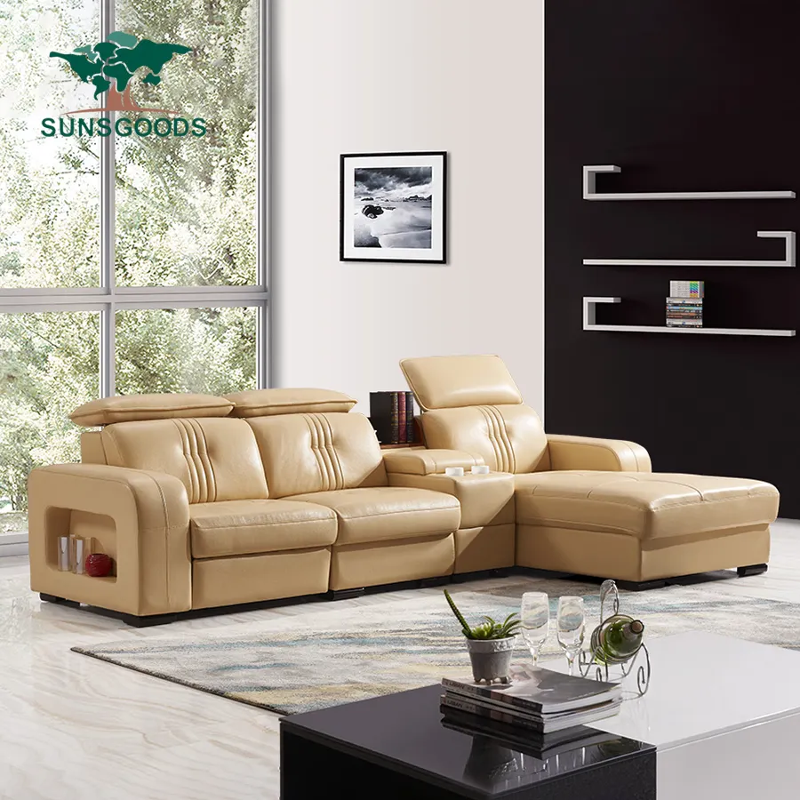 Disegni moderni all'ingrosso Canape Cuire divano marrone di grandi dimensioni soggiorno angolo reclinabile elettrico divano in vera pelle a forma di l