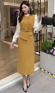 XXL kadın elbise 2024 bahar moda stil elbise yüksek kalite bayanlar düğme ön kemer Deco uzun kollu Midi siyah sarı elbise - Product Image 3