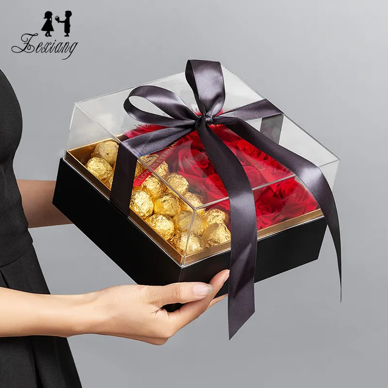 Valentijnsdag Groothandel Acryl Luxe Hart Geschenk Transparante Bloem Verpakking Geconserveerde Roos Boeket Dozen