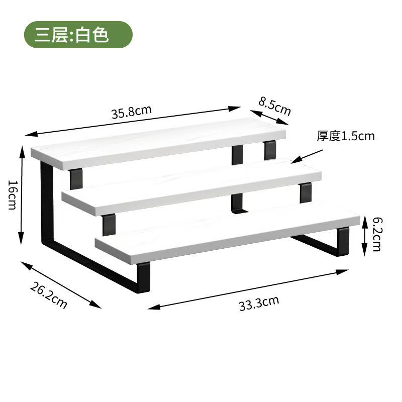 Three-tiered warm white tiered shelving unit