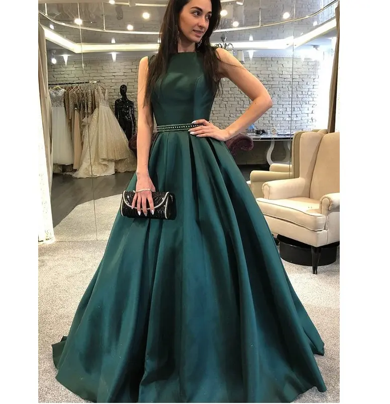 Vestido largo de talla grande para mujer, sin mangas, Color verde, con cinturón de cuentas