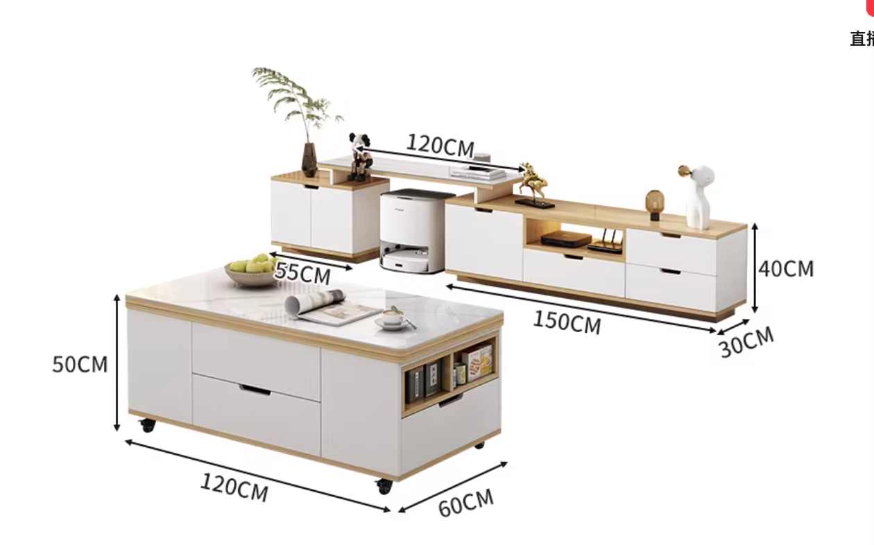 Ensemble TV 120+ Combo - Noyer Nordique - Verre Blanc Neige - 2 Tabourets
