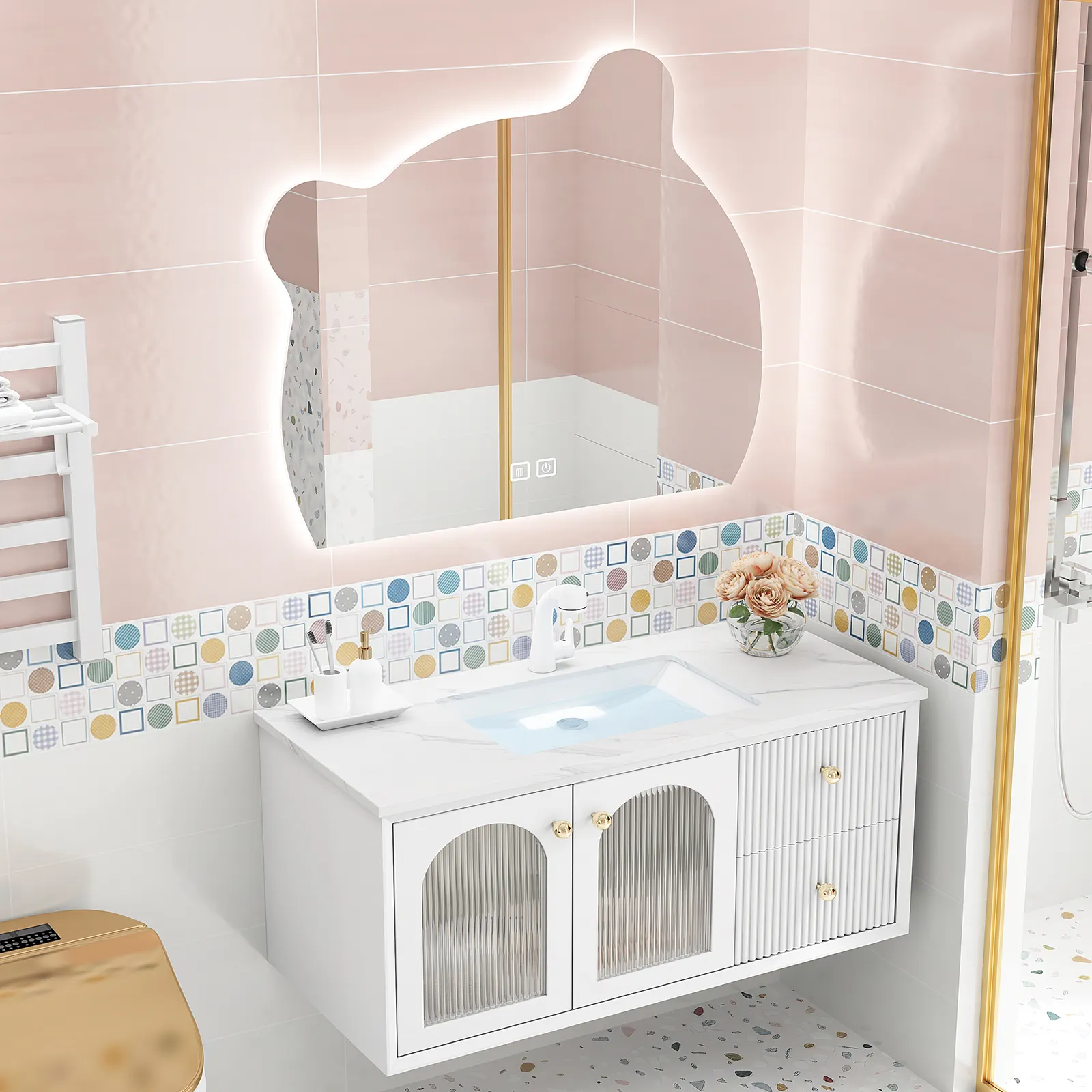 Gabinete de baño de roble de lujo ligero de estilo francés, combinación de lavabo y Gabinete integrado de cerámica, soporte de lavado de inodoro rosa