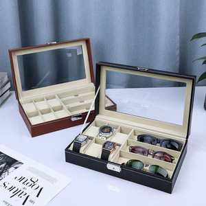 石生6槽皮革手表盒矩形表壳，带3pcs眼镜储物手表珠宝太阳镜展示收纳器 - Product Image 1