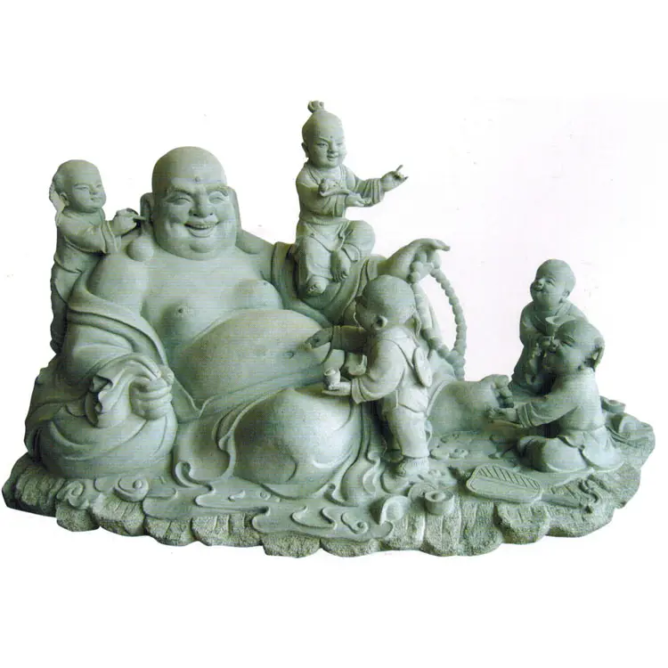 Sculpture de pierre de marbre de granit blanc riant assis Budai Bouddha Sculpture sourire heureux Statue de Maitreya avec enfant