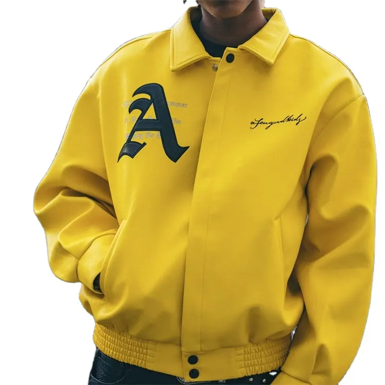 Uni-Jacke für Männer stehen Vintage gewebte Winterkleid ung benutzer definierte Stickerei gesticktes Logo Leder Baseball Bomber Leder