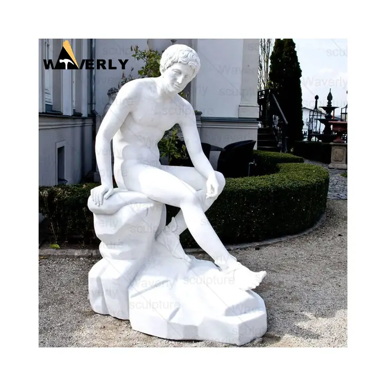 Bahçe dekor yaşam boyutu mermer insan vücudu heykel oturan çıplak adam heykeli el yapımı beyaz mermer dinlenme Hermers heykelleri