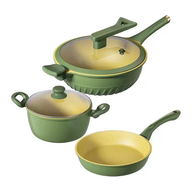High Quality 3PCS Green Aluminum Induction Kitchen Non-stick Cookware Set Pot and Frying Pan Cookware Set
