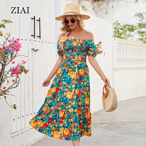 Bohem tarzı cabrio iki yönlü off-the-omuz bel-cinching çiçek baskı kısa kollu uzun elbise kadınlar için - Product Image 1