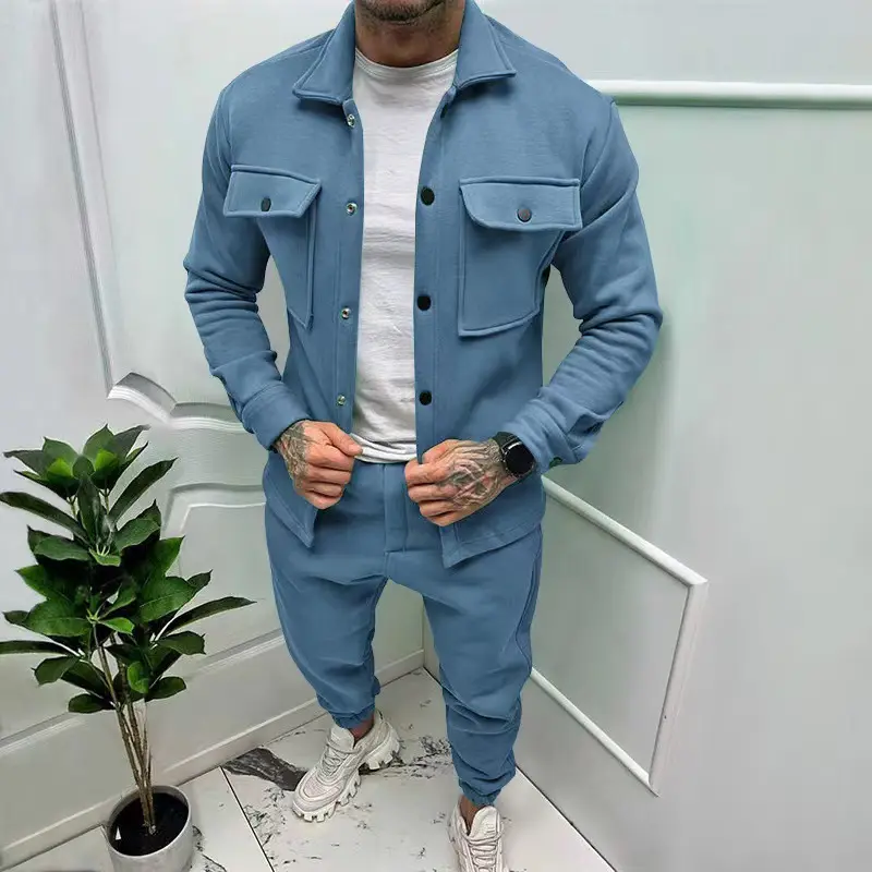 Tricô Outono Inverno Sportswear dos homens 2 Peça Set Manga Longa Polo Shirt + calças Sólida Sweatsuit Ternos Esportivos Para O Sexo Masculino