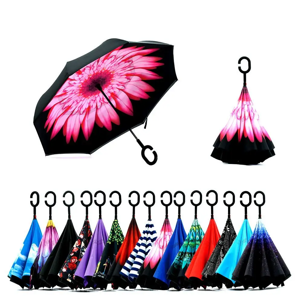 All'interno dell'ombrello alla moda con stampa completa a doppio strato con apertura automatica chiudi invertito capovolto ombrello girasole per Auto
