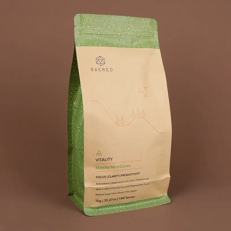 Reciclar saco de embalagem de grãos de café com fundo plano com vedação de oito lados com saco de embalagem com válvula e zíper, 250g 500g 1kg 2kg personalizado