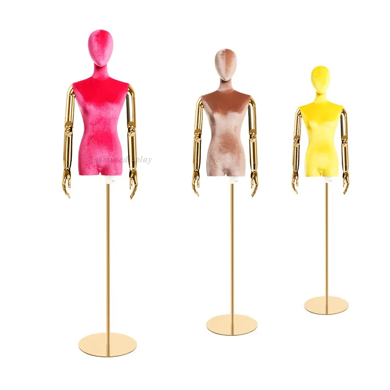 Female Dress Form Pink Velvet Mannequin Body with Metal Stand Detachable Dummy for Retail Clothing Shops