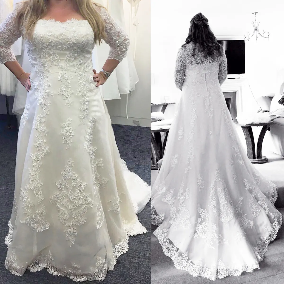 Real A Line Plus Size Lace Appliques Wedding Dresses with 3/4 Sleeves Detach Bolero Bridal Gowns in Wedding