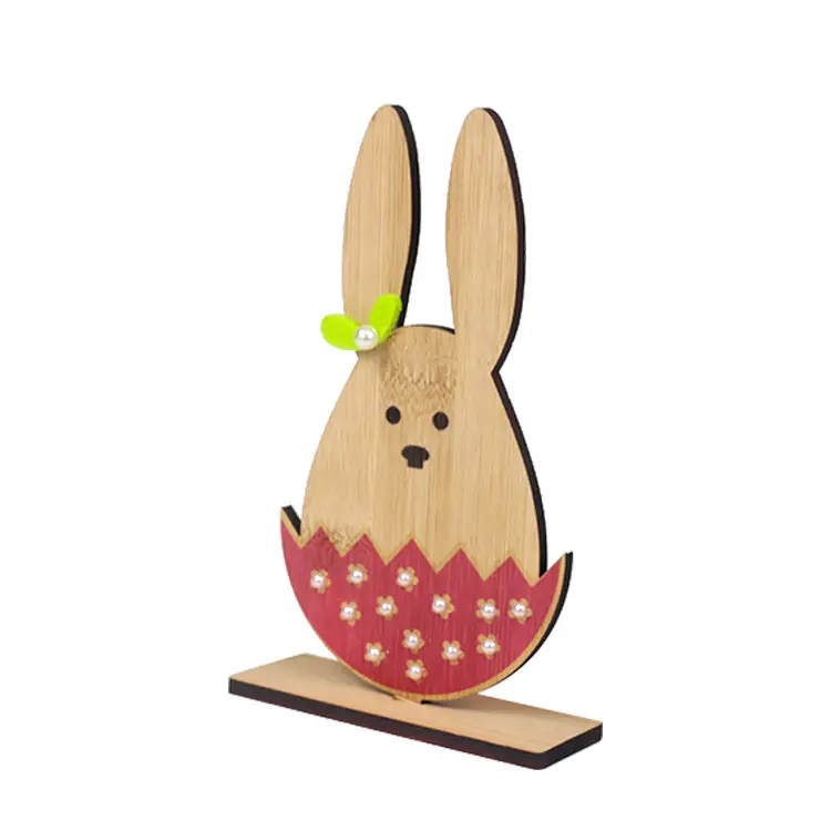 Figura de madera pintada a mano de 2 conejos, Animal de madera, juguete Natural para decoración del hogar