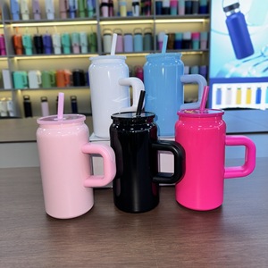 ポータブル二重壁アメリカンスタイルペインティングコーヒーマグ缶ハンドル付き16オンスウォーターカップ断熱カップステンレススチールボトル