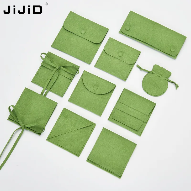 JIJID Luxury Custom Logo Green Earring Jewelry Bags Snap Button Microfibre Jewelry Pouches