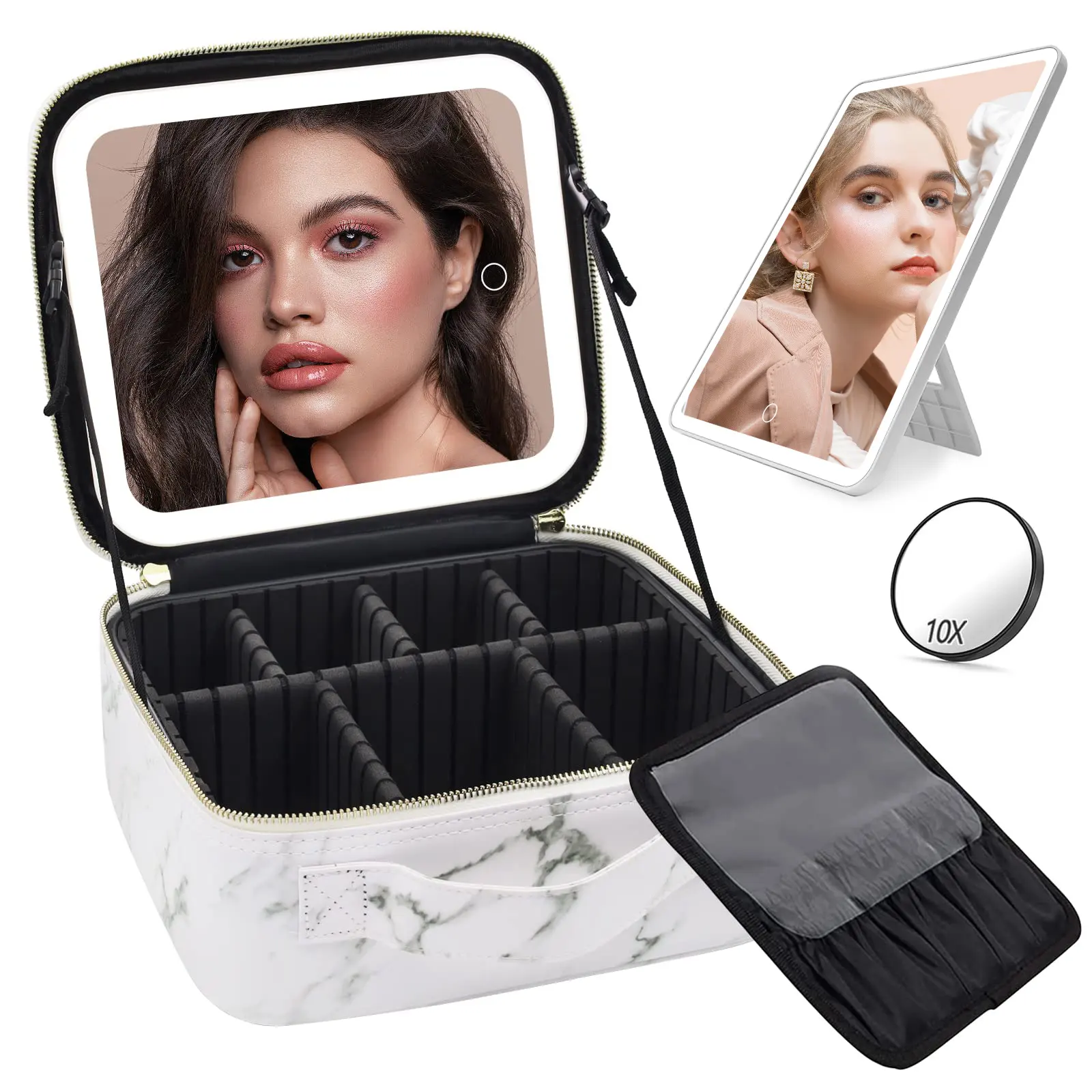 Rangeur professionnel personnalisé trousse de maquillage de voyage lumineuse en cuir imperméable cosmétique avec miroir à led