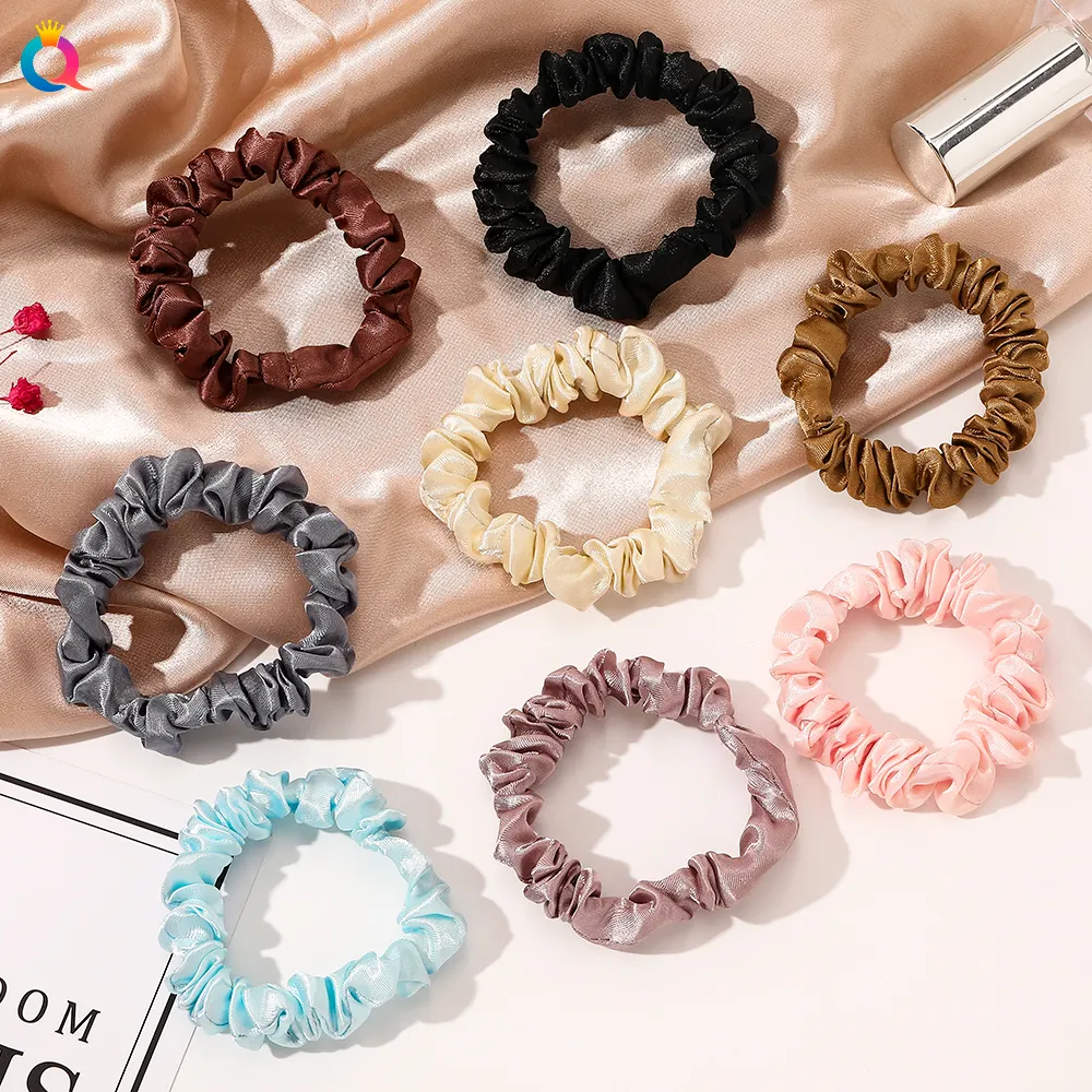 QIYUE-accesorios para el cabello de satén para mujer, Mini Scrunchies de Color sólido a la moda, venta al por mayor de fábrica