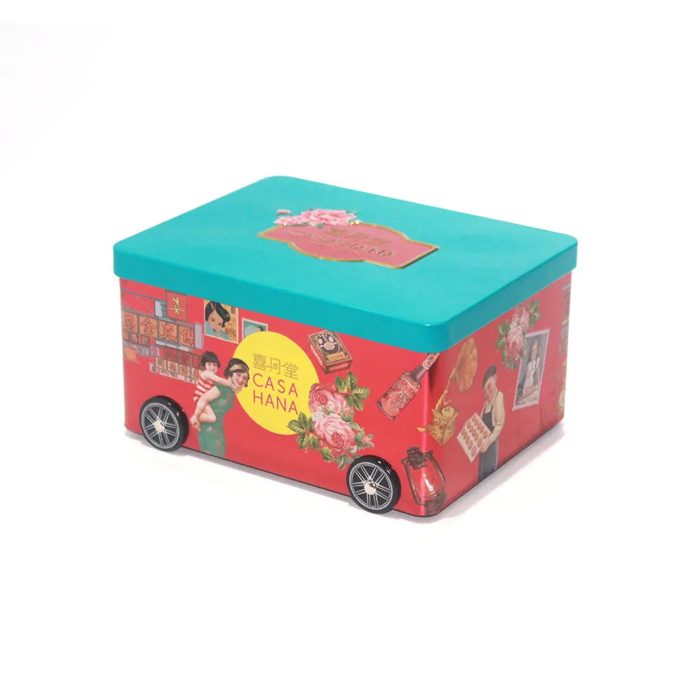 מותאם אישית מלבן גדול קופסת ברזל דגם רכב עם גלגלים מכסה נשלף פח מתכת למתנה לצעצועים לילדים