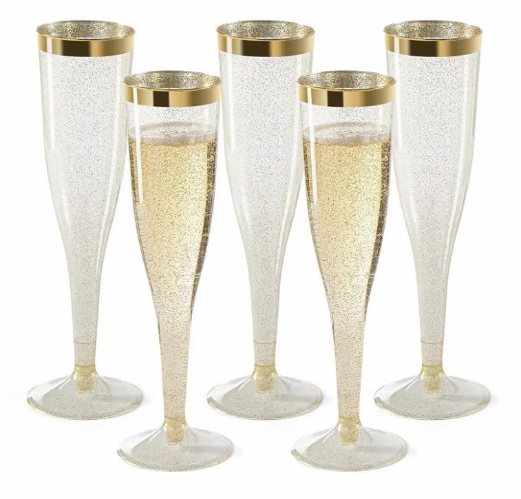 Di plastica usa e getta bicchieri di champagne con glitter oro con oro-eleganza con la montatura nera, anniversario di matrimonio e da pranzo eventi