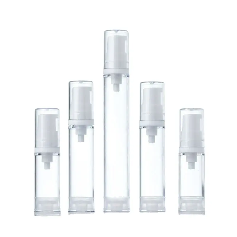 New Designs 5ml 10ml 15ml Refillable Cosmetic Cream Airless Pump Sample Bottle Container with Transparent Lid