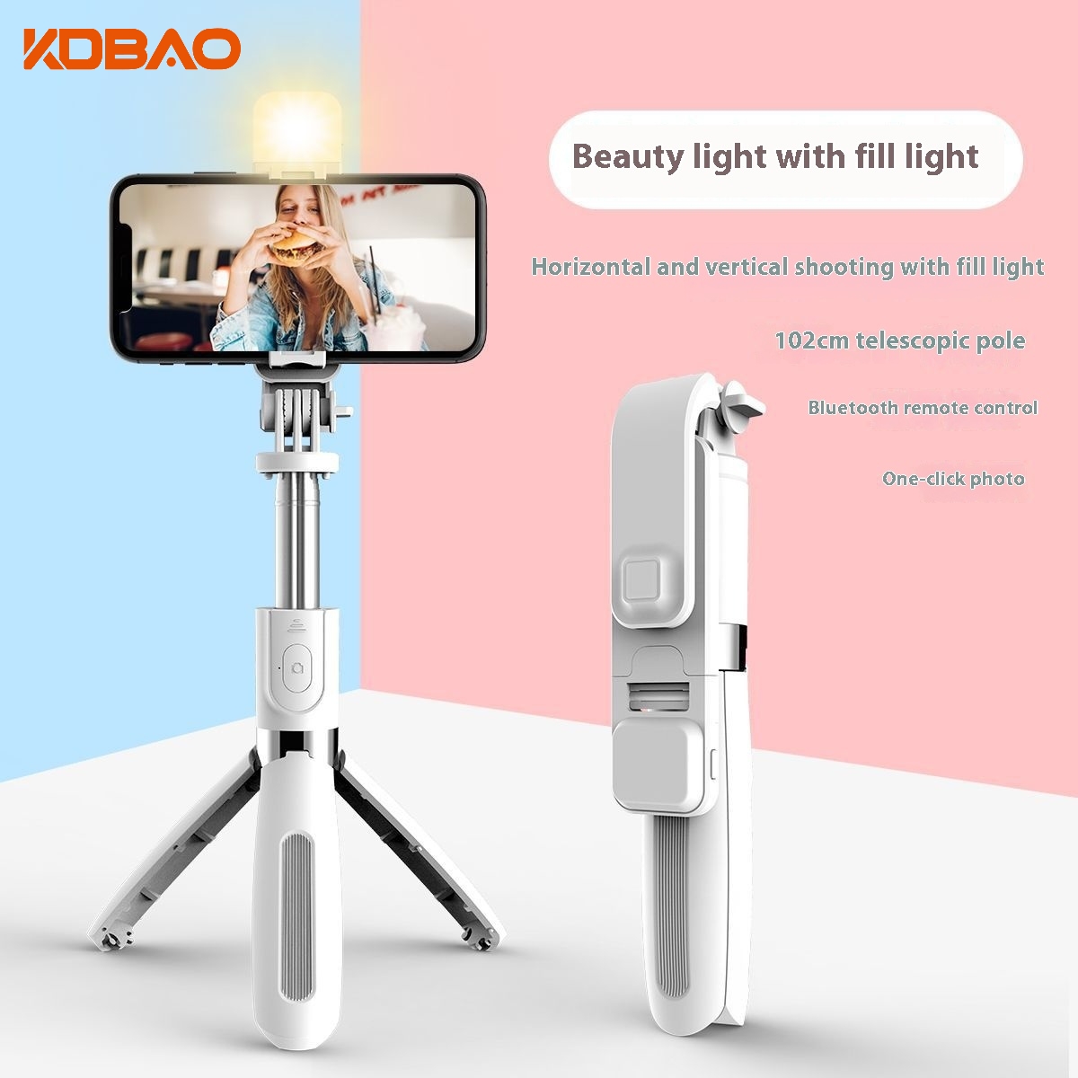 (Blanc) Bâton à selfie Bluetooth 1M + Lampe d'appoint