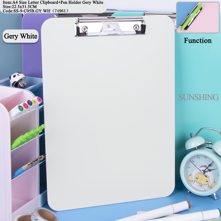 C05B Clipboard W/Pen Holder Grey White